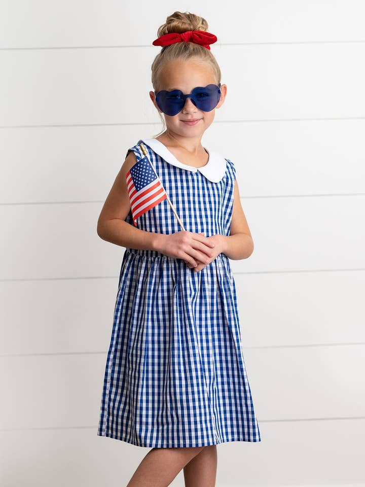 Kids Navy Check Gingham Peter Pan Collar Spring Summer Dress for wholesale by Wren & James