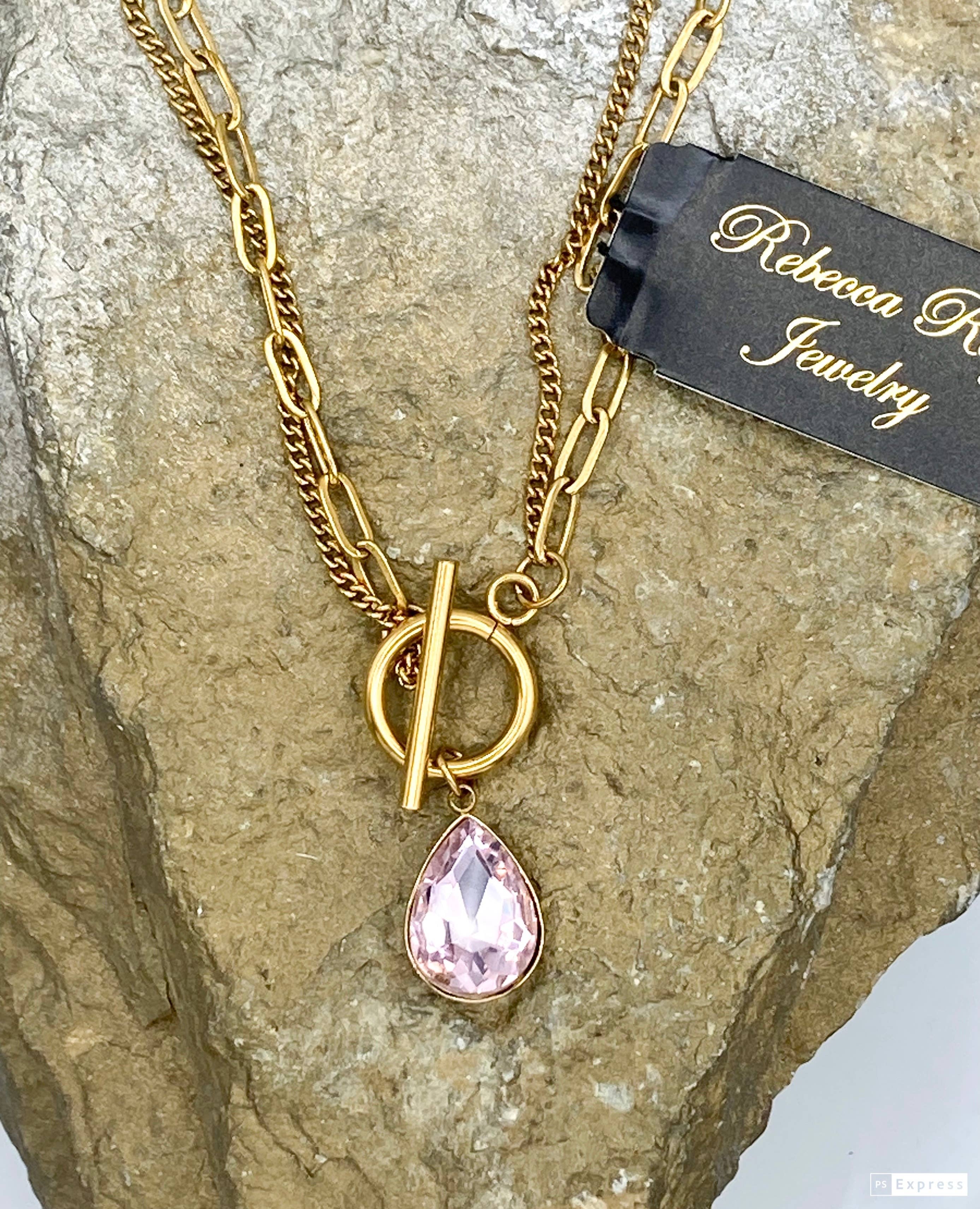Rebecca Ray Jewelry - Wholesale Pendant/Charm Necklace - Gold Double Strand Toggle Necklace with Crystal Teardrop0