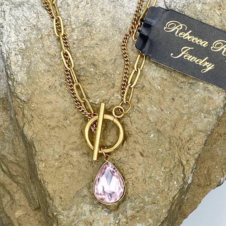 Rebecca Ray Jewelry - Wholesale Pendant/Charm Necklace - Gold Double Strand Toggle Necklace with Crystal Teardrop