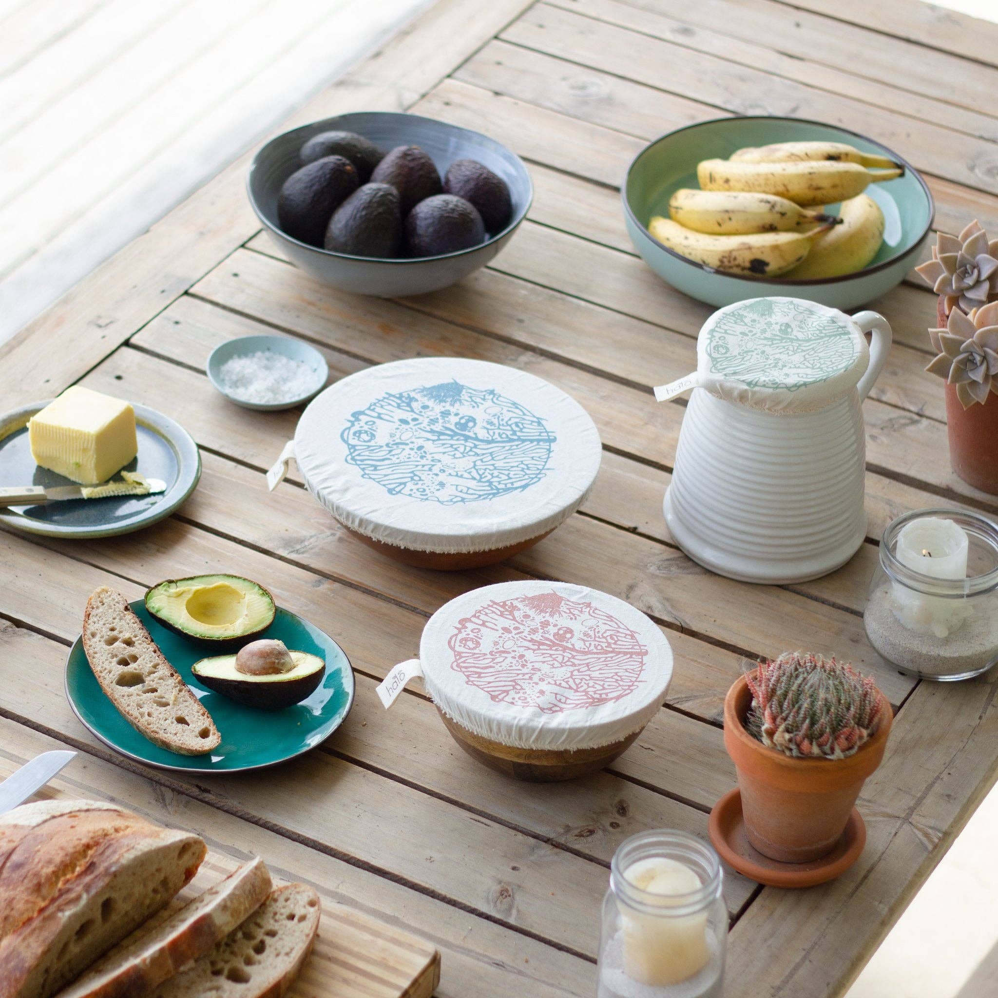 Halo Dish Covers - Wholesale Food Storage Wrap/Bag - Halo Dish & Bowl Cover Small Set of 3 | Beach House Print1