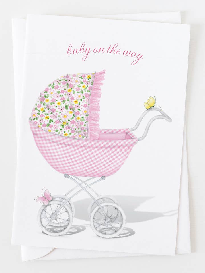 Pink Baby Stroller Baby Greeting Card C_1408 for wholesale by Ann Scott Design