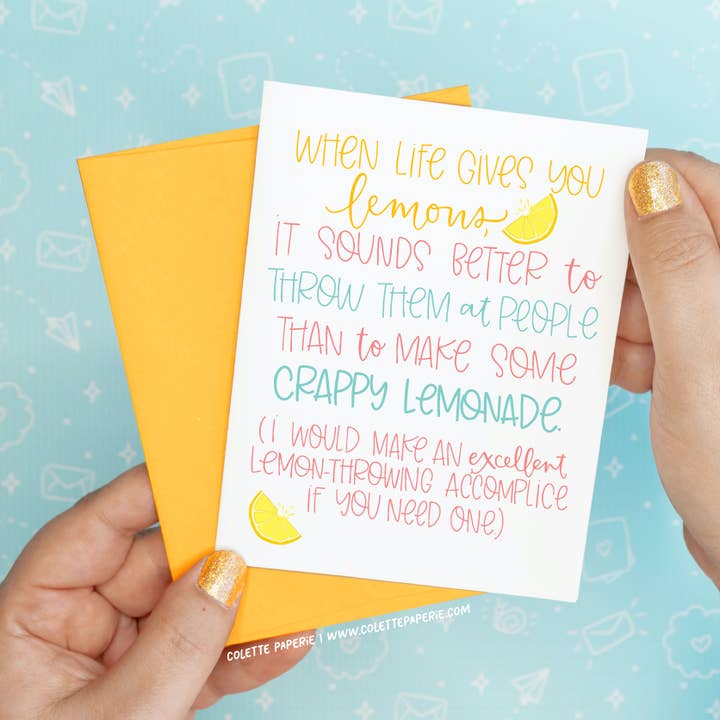 Throwing Lemons Funny Recycled Greeting Card for wholesale by Colette Paperie