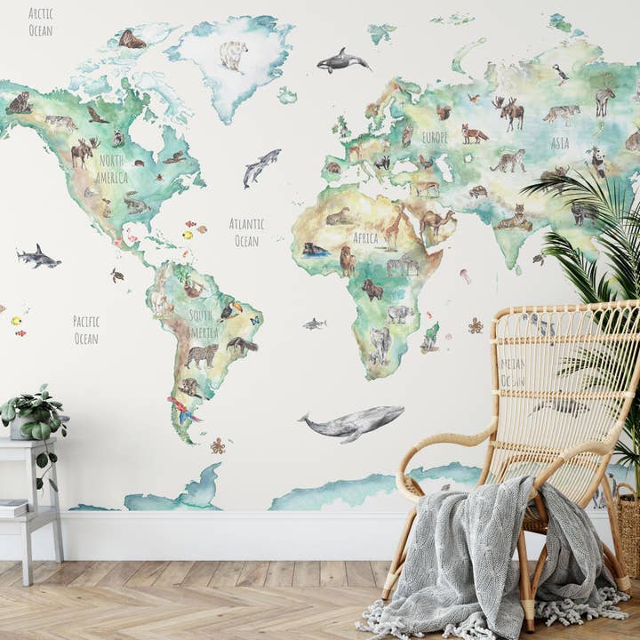 Hand-Painted World Map Mural Wallpaper for wholesale by Katie Hipwell Design