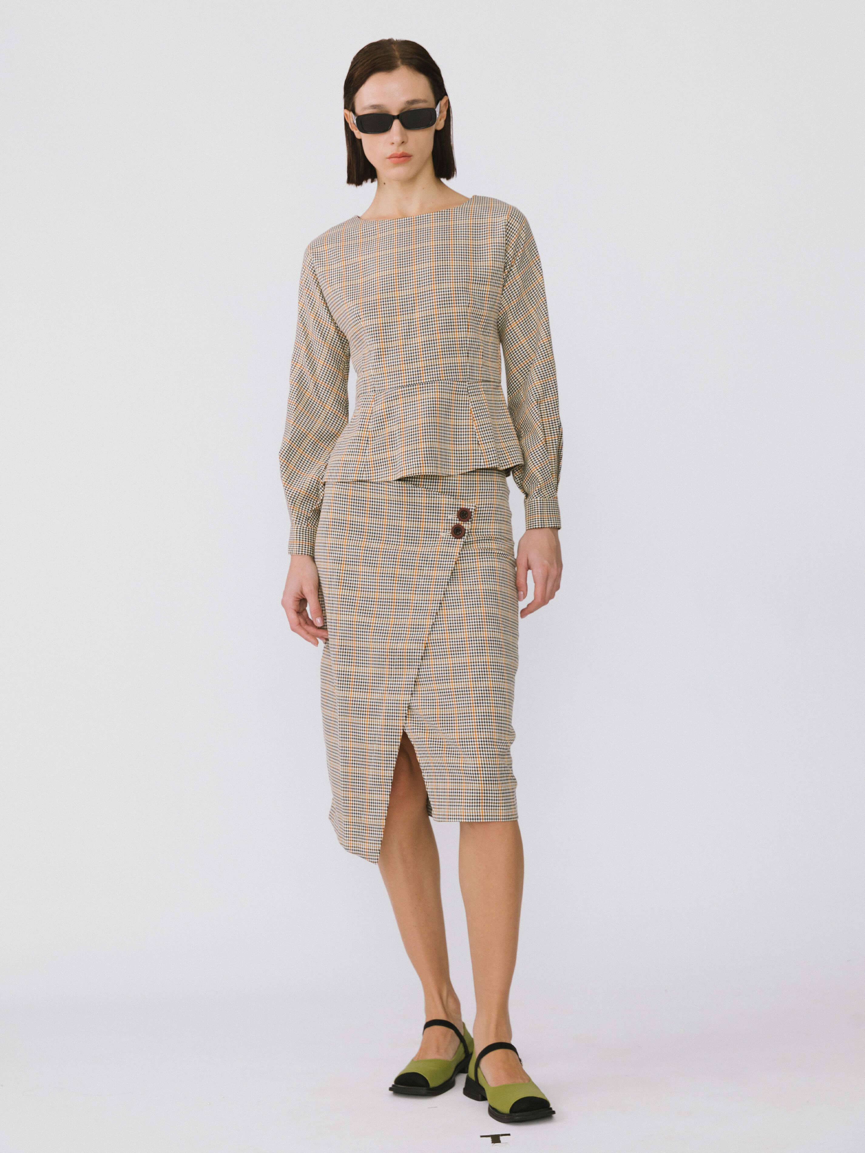 Khaki Wide Neck Plaid Shirt for wholesale on Faire1