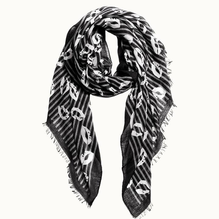 Olive & Pique - Wholesale Scarf - Unisex - Valentines Day Kisses Cotton Scarf, 70" x 43", Black Stripe