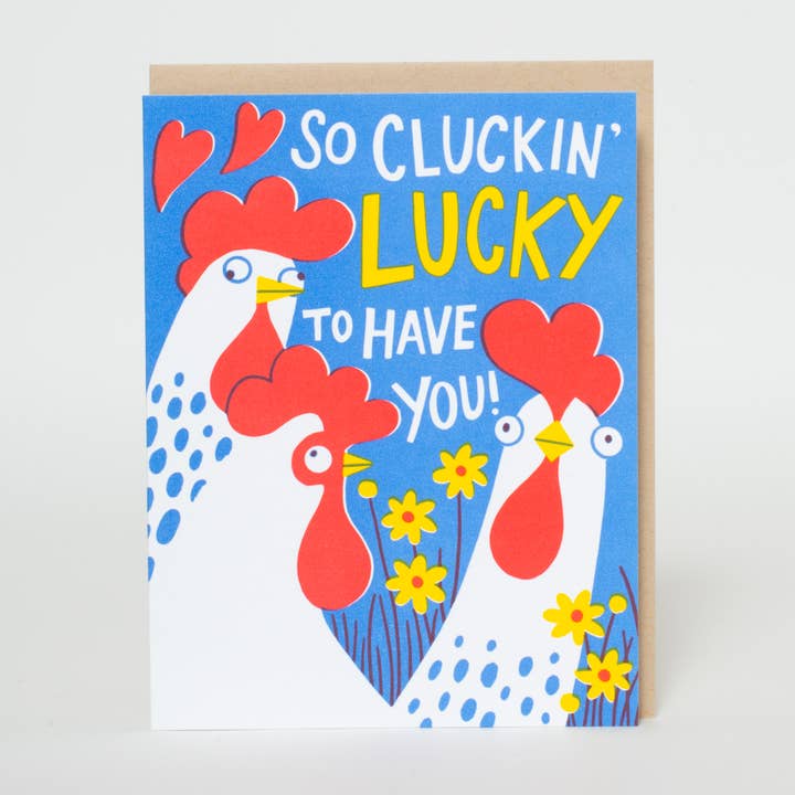Carte de vœux Chicken Love Punny Letterpress de la marque Hello ! Chanceux pour la vente par Egg Press Manufacturing