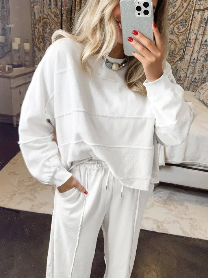 White Textured Raw Seam Plus Size Pullover Top and Drawstring Pants Set for wholesale by Lovesoft