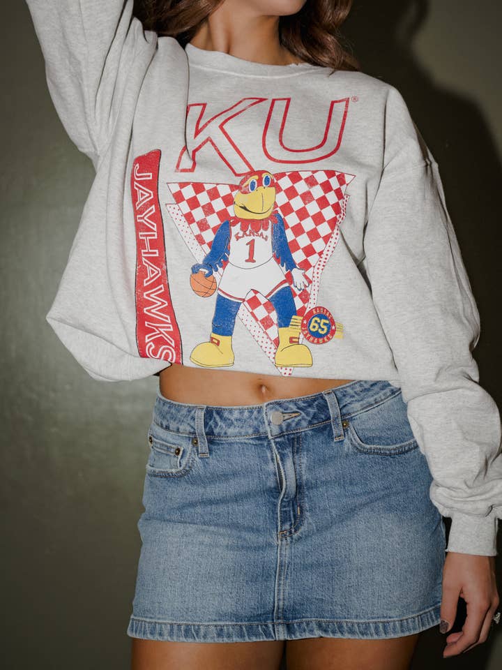 KU Jayhawks Courtside Hoops Ash Gray Thrifted Sweatshirt for wholesale by LivyLu