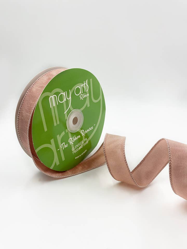 1″ Wired Dusty Pink Faux Dupioni Silk Ribbon for wholesale by May Arts Ribbon