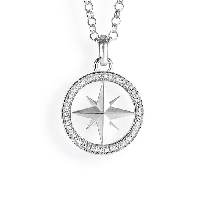 Rhodium-plated silver windrose pendant with zirconia pavée for wholesale by Heartbreaker designd by Drachenfels