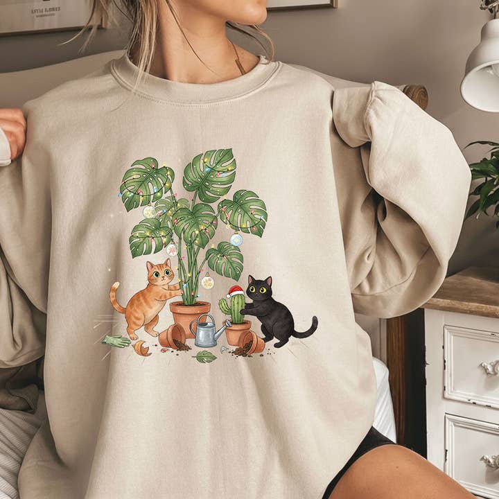 Plant Scouts - Venta al por mayor Sudadera estampada - Mujer - Camiseta de Planta de Navidad Divertida Sudadera de Gato de Navidad1