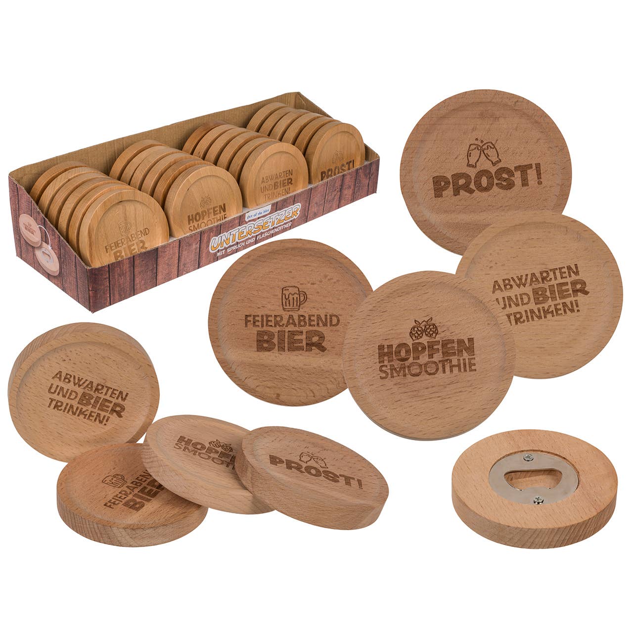 Wurm - Vente Sous-verre - Dessous de verre avec inscription et décapsuleur en bois, 4 fois, naturel (L/H/P) 8x1x8cm 24 pièces en présentoir0