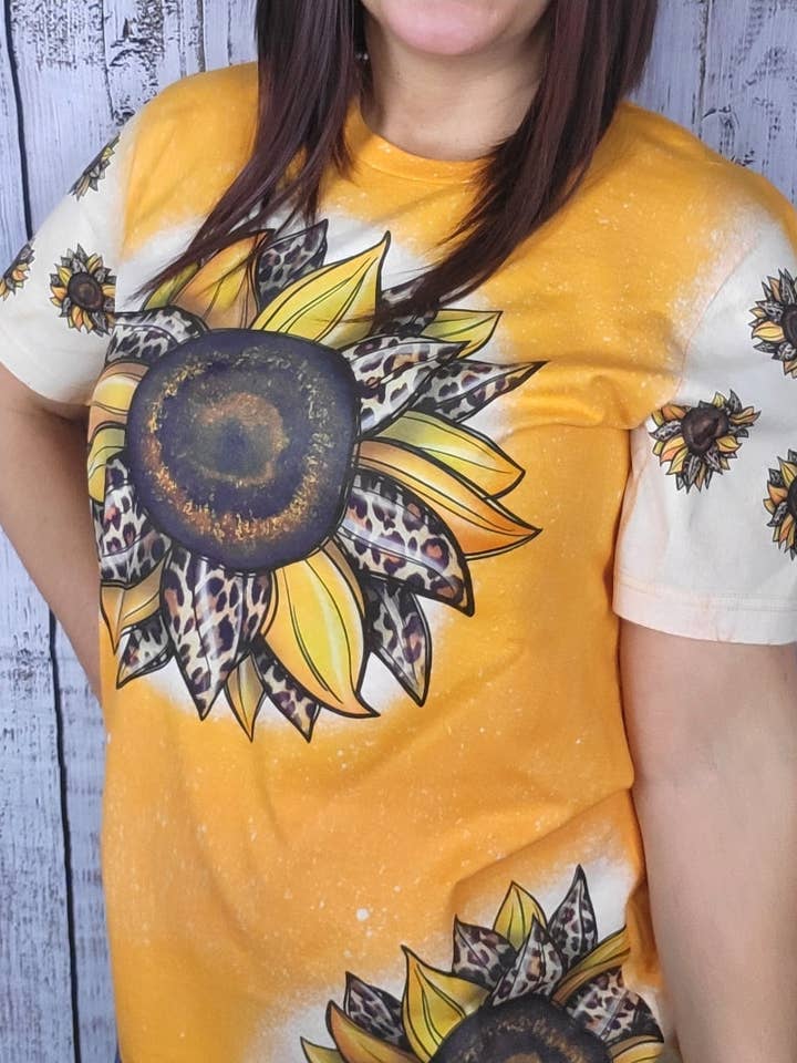 Leopard Sunflower Tee w/sleeves & multi patch on MARIGOLD Bleached Tee for wholesale by Wanderlust Designs Wholesale