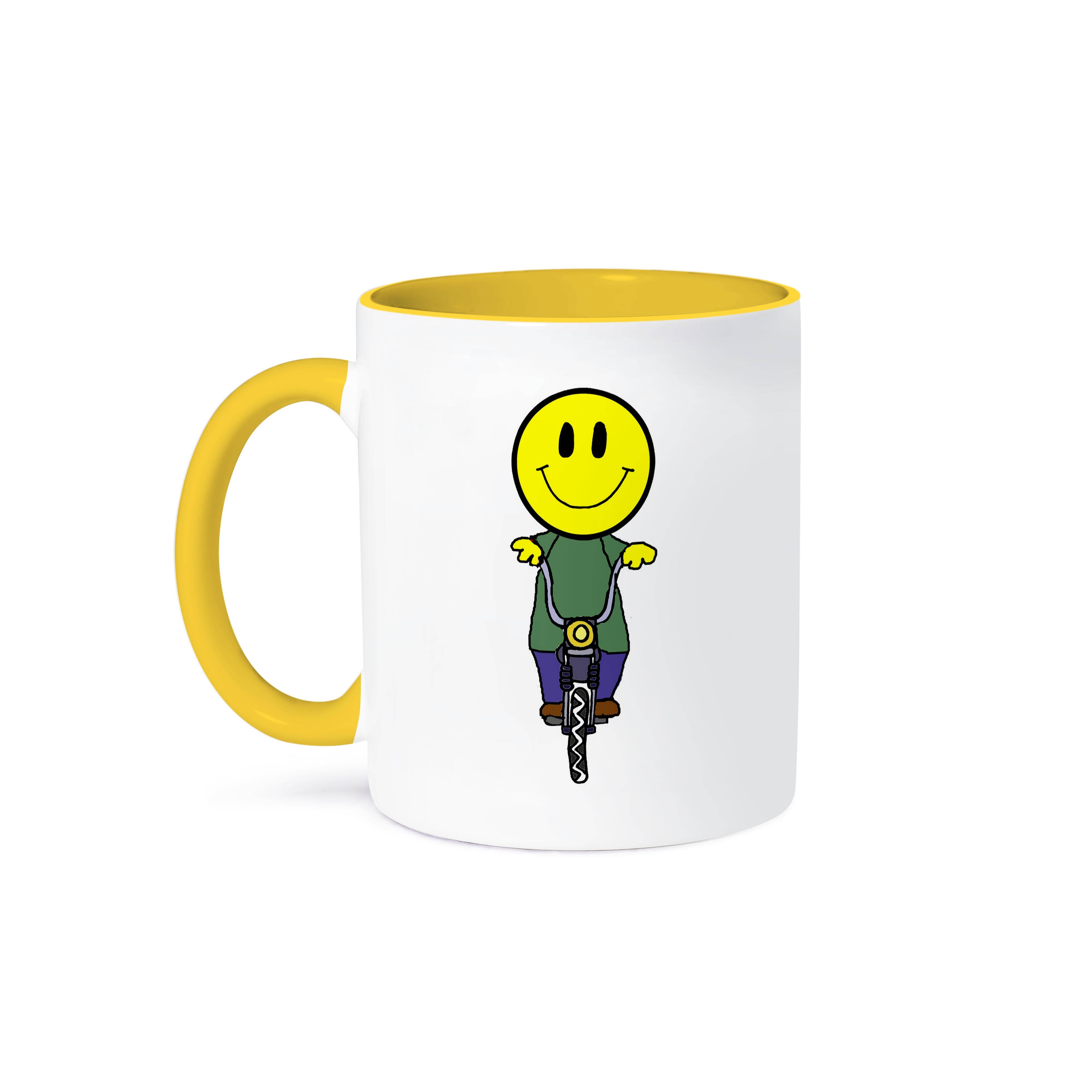 3dRose - Vente Tasse à café - 3dRose, Tasse avec dessin animé de visage souriant cool et drôle faisant du vélo0