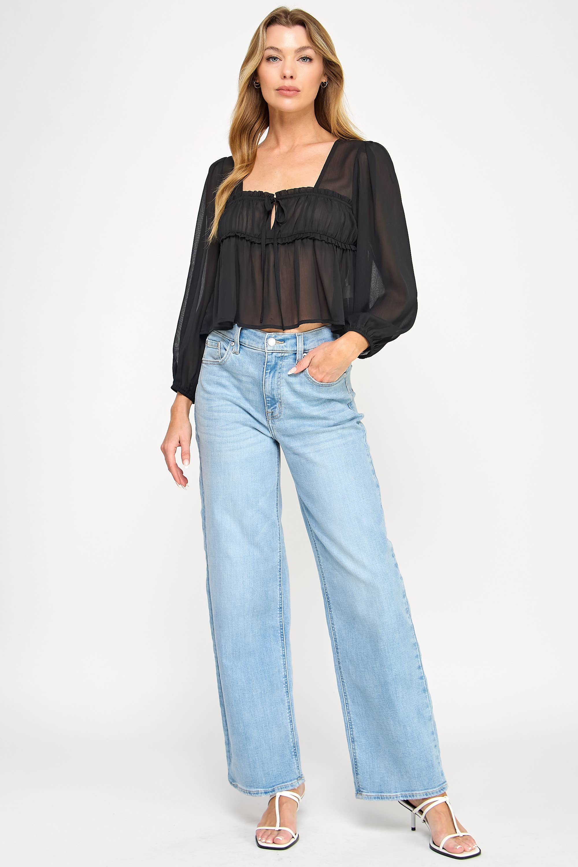 Vestis M - Vente Chemisier – femme - Haut à manches bouffantes transparentes en chiffon à encolure carrée - Noir6