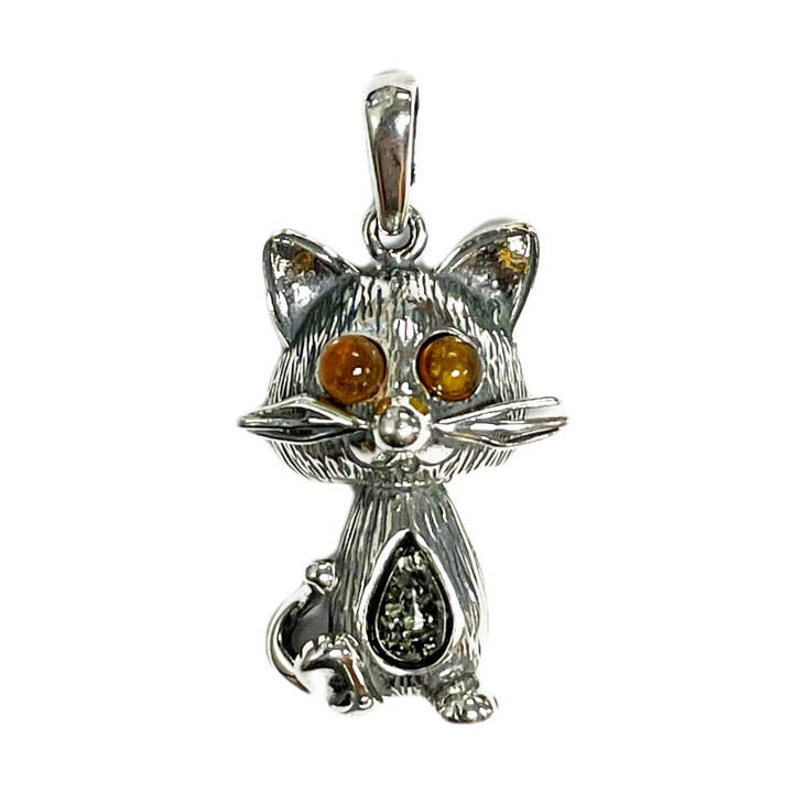 Multicolor Amber Sterling Silver Cat Pendant for wholesale by Amberman