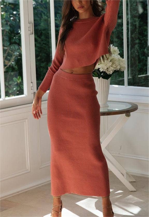 HIDDENBRAND - Wholesale Top & Skirt Set - Women's - 3-color sweater knit slit long dress set8