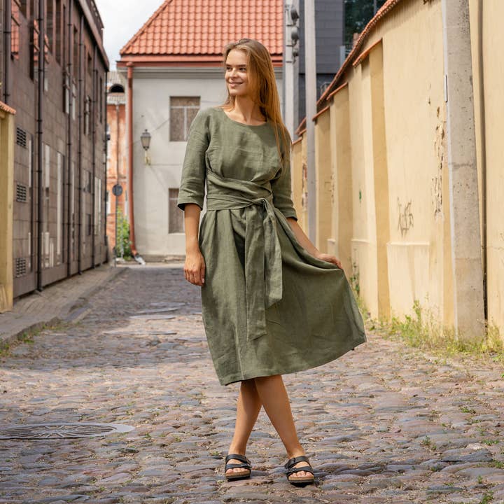 menique - Wholesale Dress - Women's - Linen Dress 3/4 Sleeve Obi Wrap Dress Miley - Summer Dress