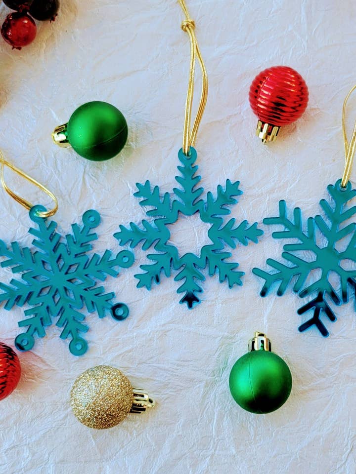 Set of 3 Snowflake Ornaments - Blue Mirror Snowflakes - Minimalist Ornaments- Ornament Sets - Snowflake Ornaments for wholesale by Shelfish Modern