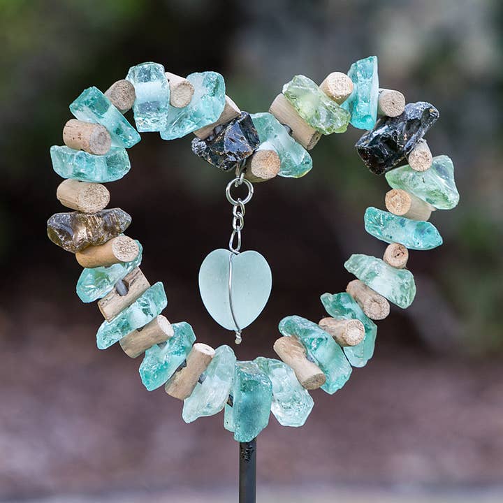 Glass & Driftwood Heart Garden Stake - 4FT for wholesale by Garden Age Supply
