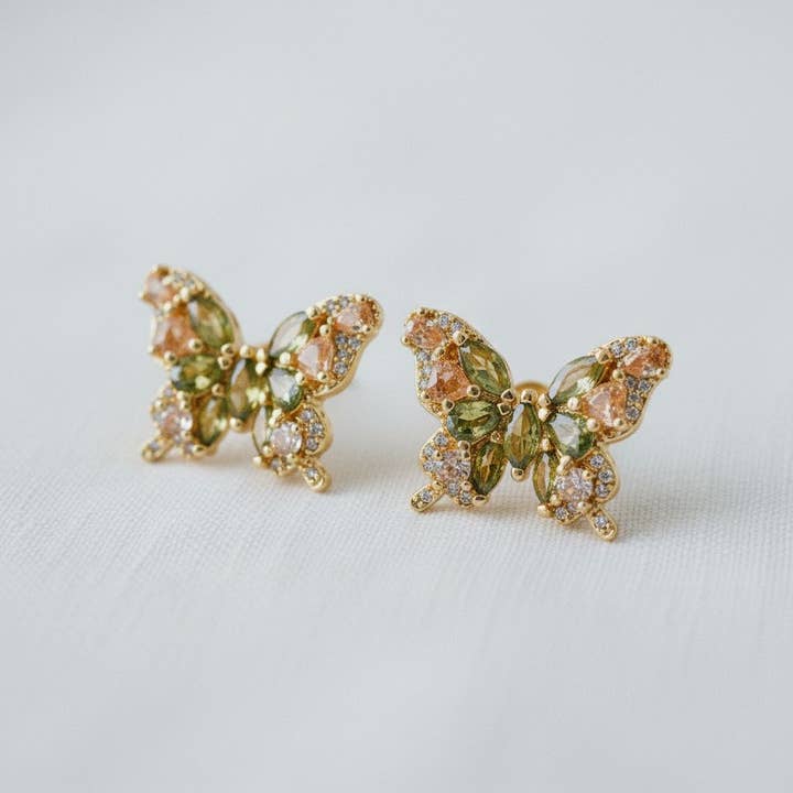 Ellemadera - Wholesale Stud/Post Earrings - Olive Green Cubic Zirconia Butterfly Earrings1
