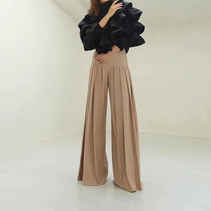 Khaki PT019 High-Waist Pleated Wide-Leg Pants - Summer Chic for wholesale on Faire
