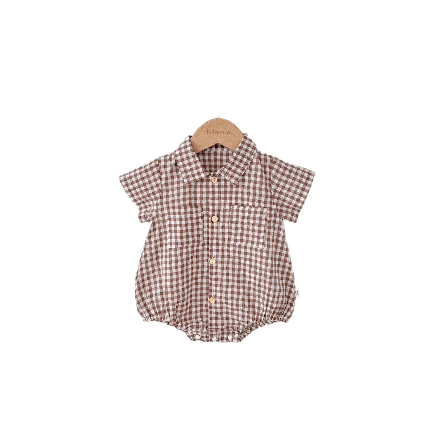Coffee Summer Arrival Baby Boys Casual Plaid Turn-down Collar Short Sleeves bodysuit for wholesale on Faire6