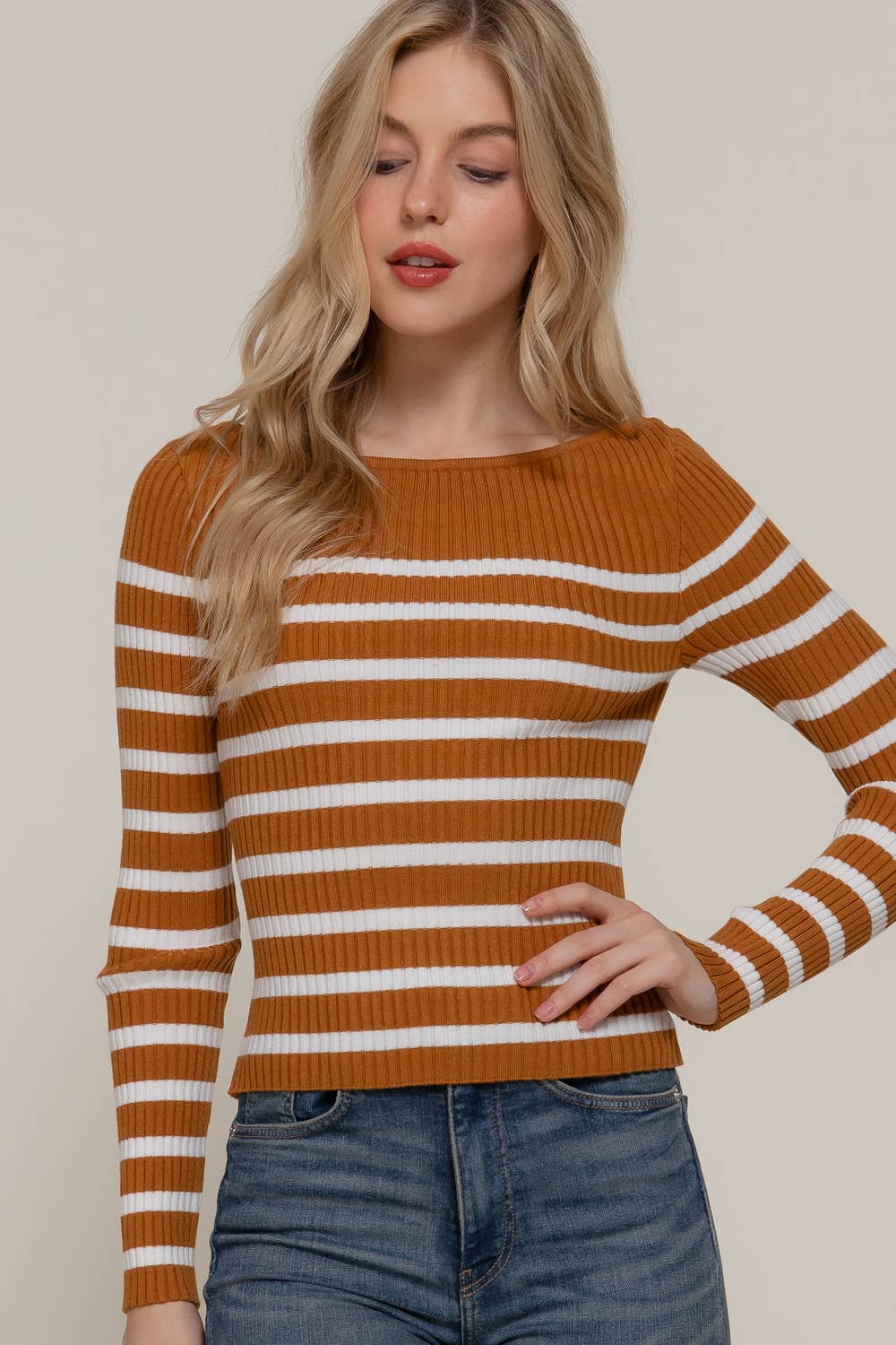 Active Basic | Active USA - Wholesale Knit Sweater - Women's - Long Sleeve Boat Neck Stripe Sweater14