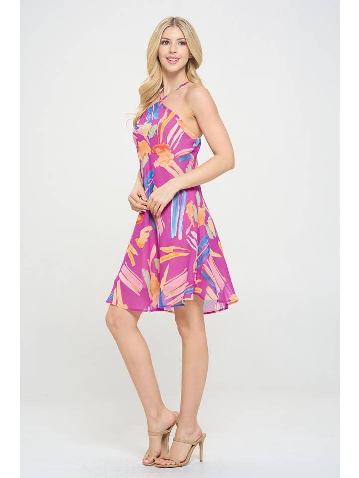 Magenta Made in USA Print Halter neck Swing Dress for wholesale on Faire
