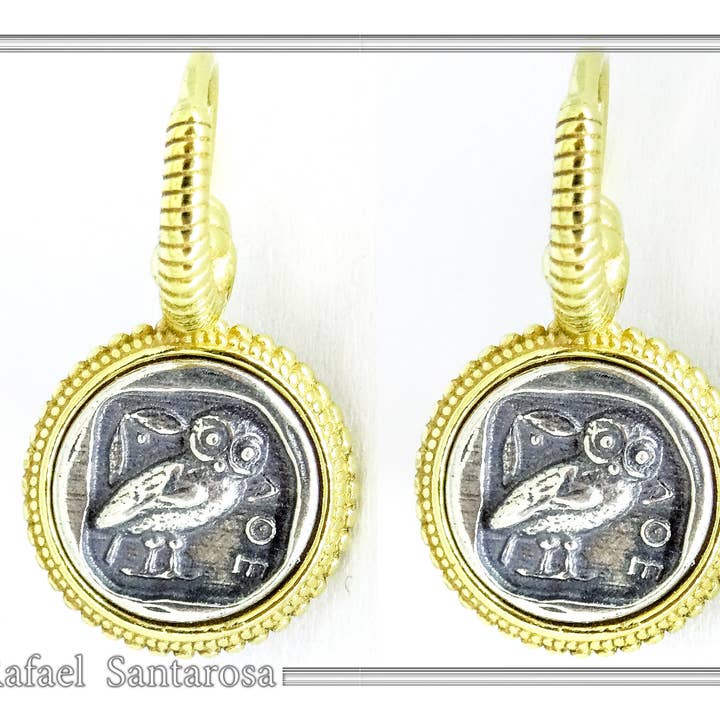 RAFAEL SANTAROSA – wholesale Hängande örhängen – Uggla mynt Tetradrachmon örhängen på sterling silver