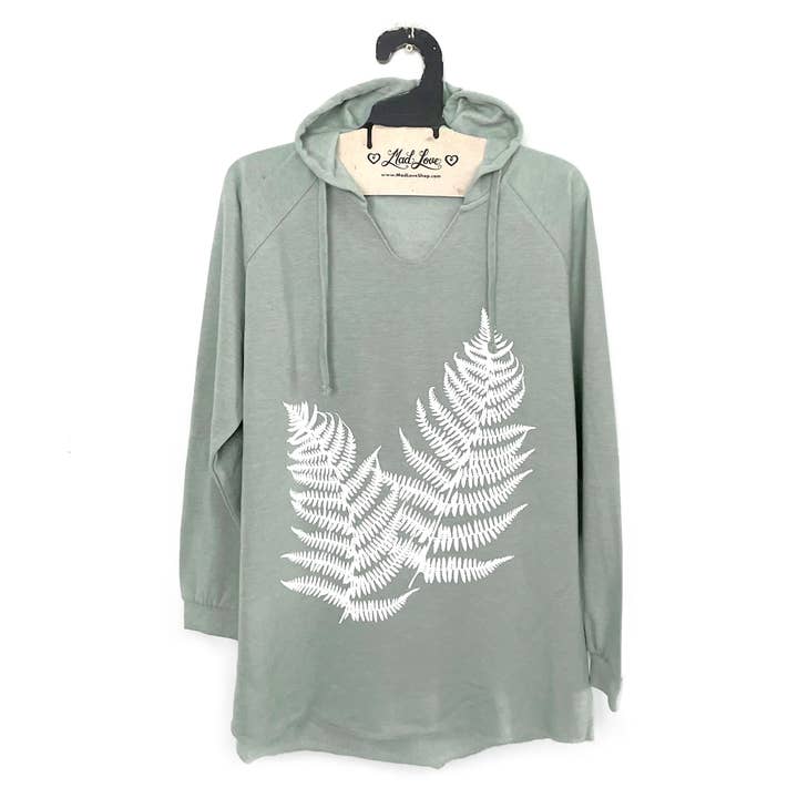 Sage or Blue Fleece V-Notch Beach Pullover Hood With Ferns for wholesale by Mad Love Shop