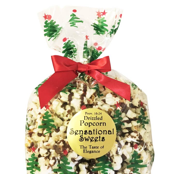 Sensational Sweets - Wholesale Popcorn - Gourmet Chocolate Drizzled Popcorn-3 oz Christmas Bag w/Bow