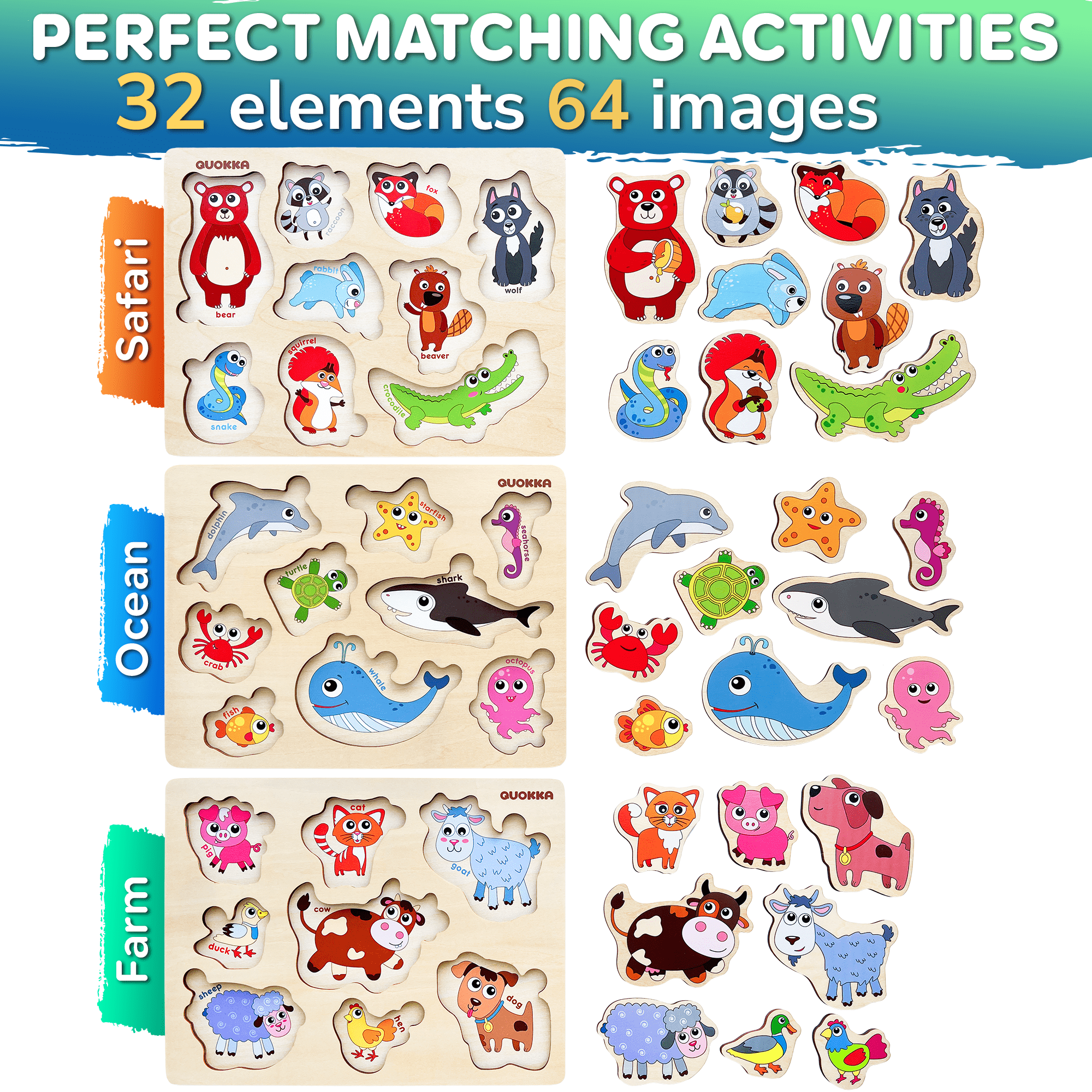 QUOKKA - Wholesale Puzzle - Kids - Montessori Puzzle for Toddler | Farm, Ocean, Wild Animals1