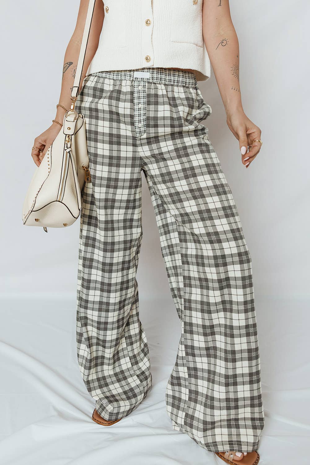 Gray Plaid Patchwork Wide Leg Pants for wholesale on Faire
