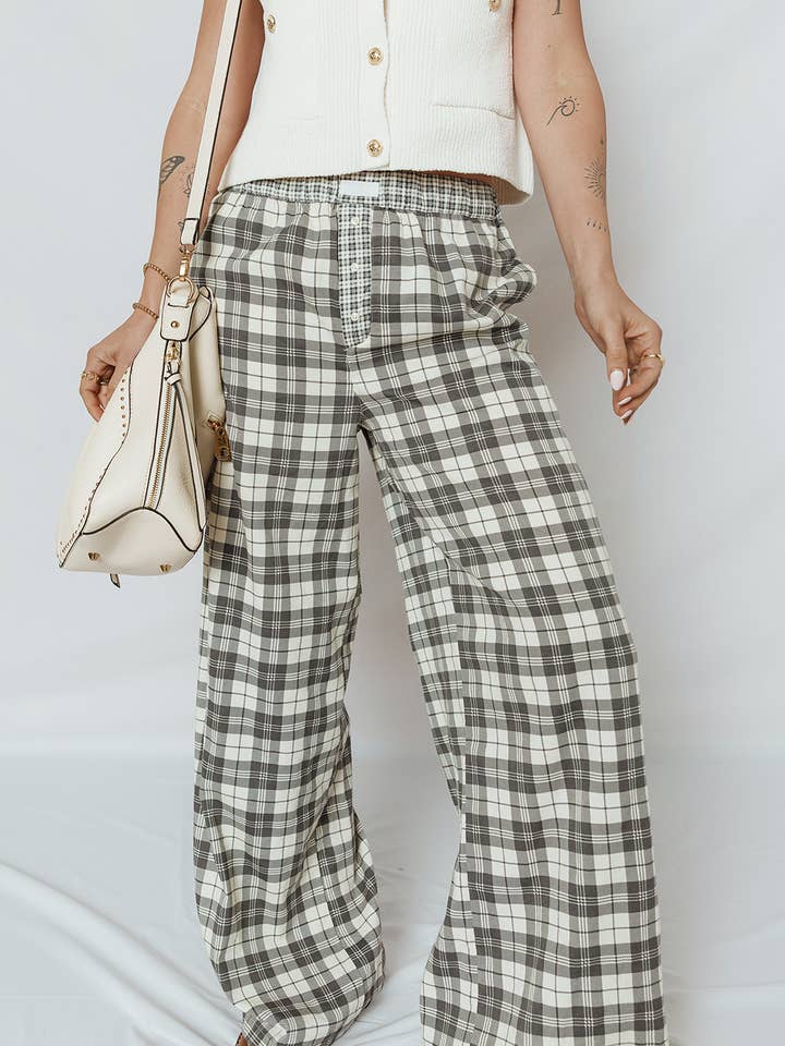 Gray Plaid Patchwork Wide Leg Pants for wholesale on Faire0