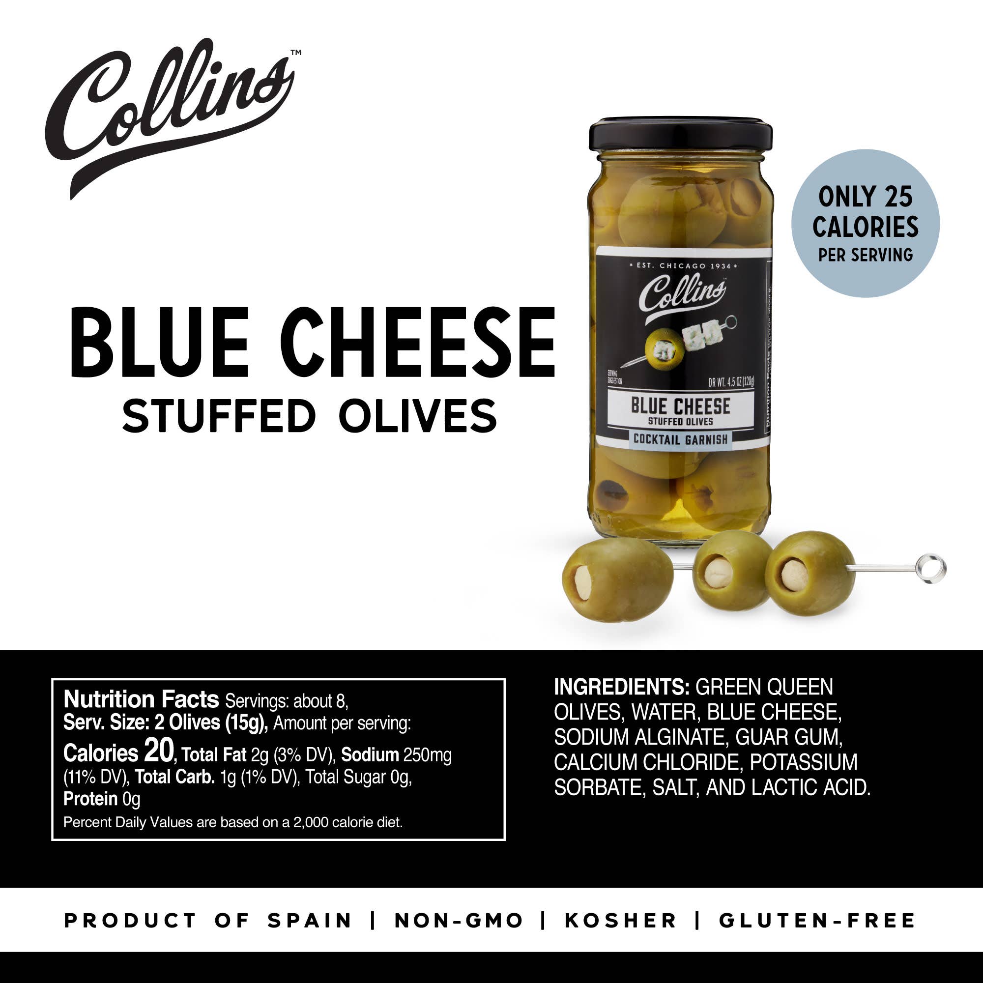 Collins - Wholesale Olives - Gourmet Blue Cheese Stuffed Cocktail Olives 4.5 oz3