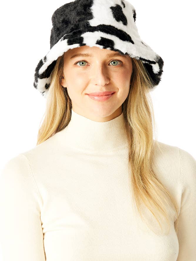 Cow Print Faux Fur Bucket Hat for wholesale by Hana