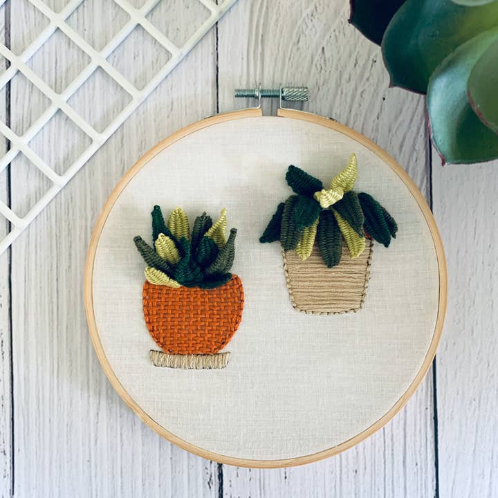 Full embroidery kit. Succulent hoop art. 3D hand sewing project for wholesale by Rose Stitch Art