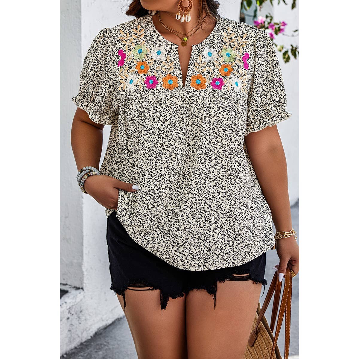 BLACK Plus Boho Flower Decoration Loose V Neck Shirt for wholesale on Faire