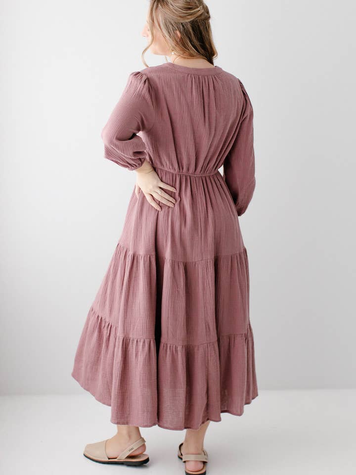 Dusty Mauve 'Louisa' Button Down Tiered Cotton Gauze Midi Dress for wholesale on Faire6
