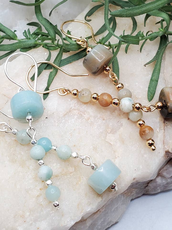 Earrings, Amazonite Drum Dangles, Mostly Blue or Neutrals for wholesale by Jezabel Adornment