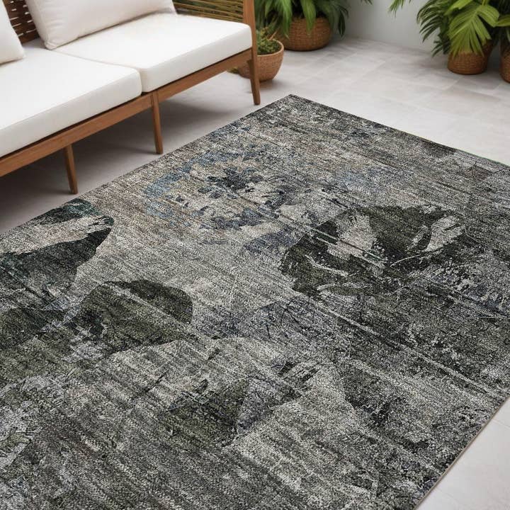 HomeRoots - Wholesale Area rug - 5X8 Gray Dark Green and Black Floral Indoor Outdoor Area Rug