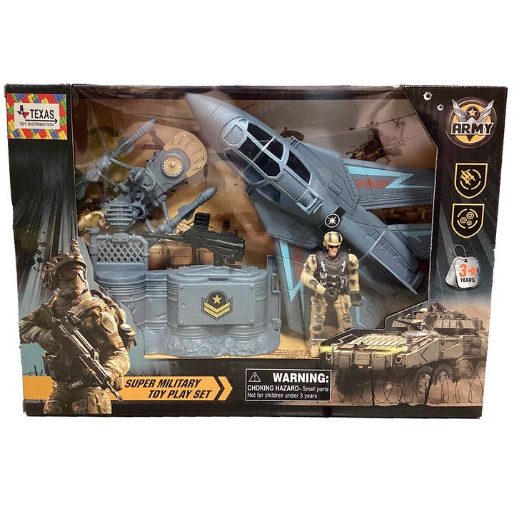 Military Toy Play Set Window Box with Figurine, Jet and Base for wholesale by Texas Toy Distribution