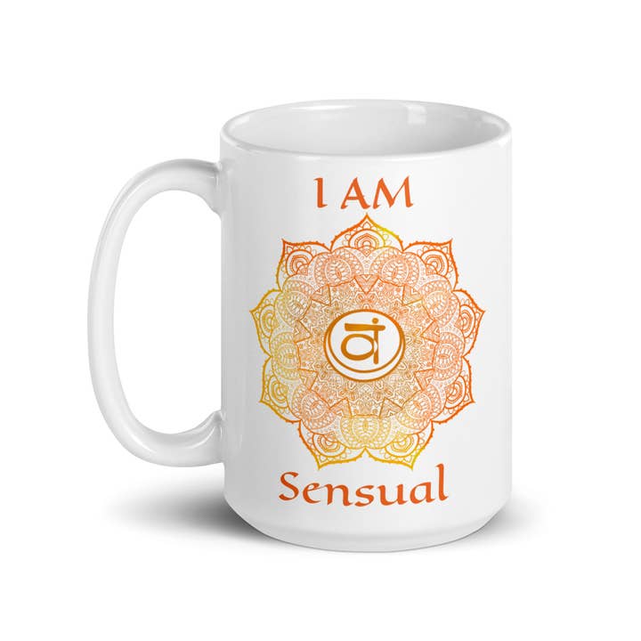 I AM Sensual ~ Sacral Chakra Mandala Coffee Mug 15 Oz. for wholesale by Goddess Swag™