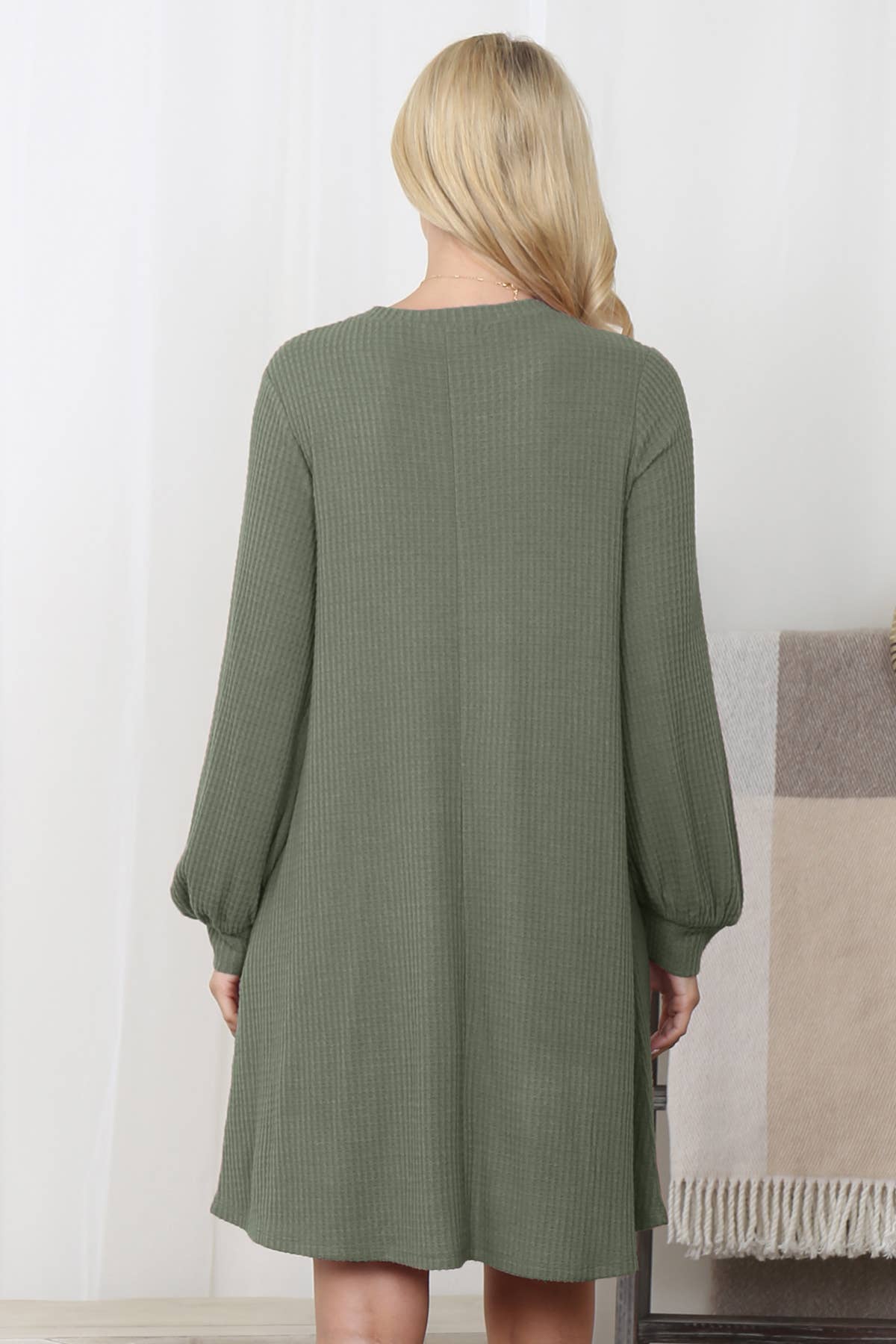 You & Me - Wholesale Dress - Women's - YMD10051V-BRUSHED WAFFLE BUBBLE SLEEVE POCKET DRESS38