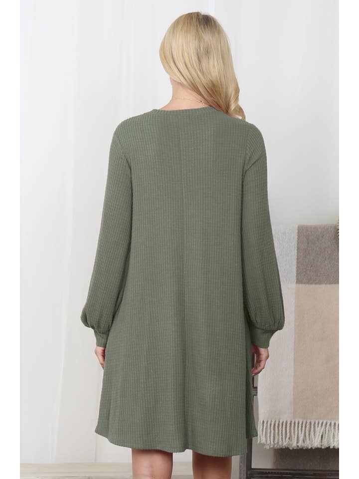 You & Me - Wholesale Dress - Women's - YMD10051V-BRUSHED WAFFLE BUBBLE SLEEVE POCKET DRESS38