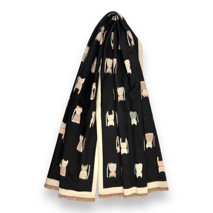 London Scarves - Wholesale Scarf - Women's - Colourful Cats prints on reversible Wool blend scarf