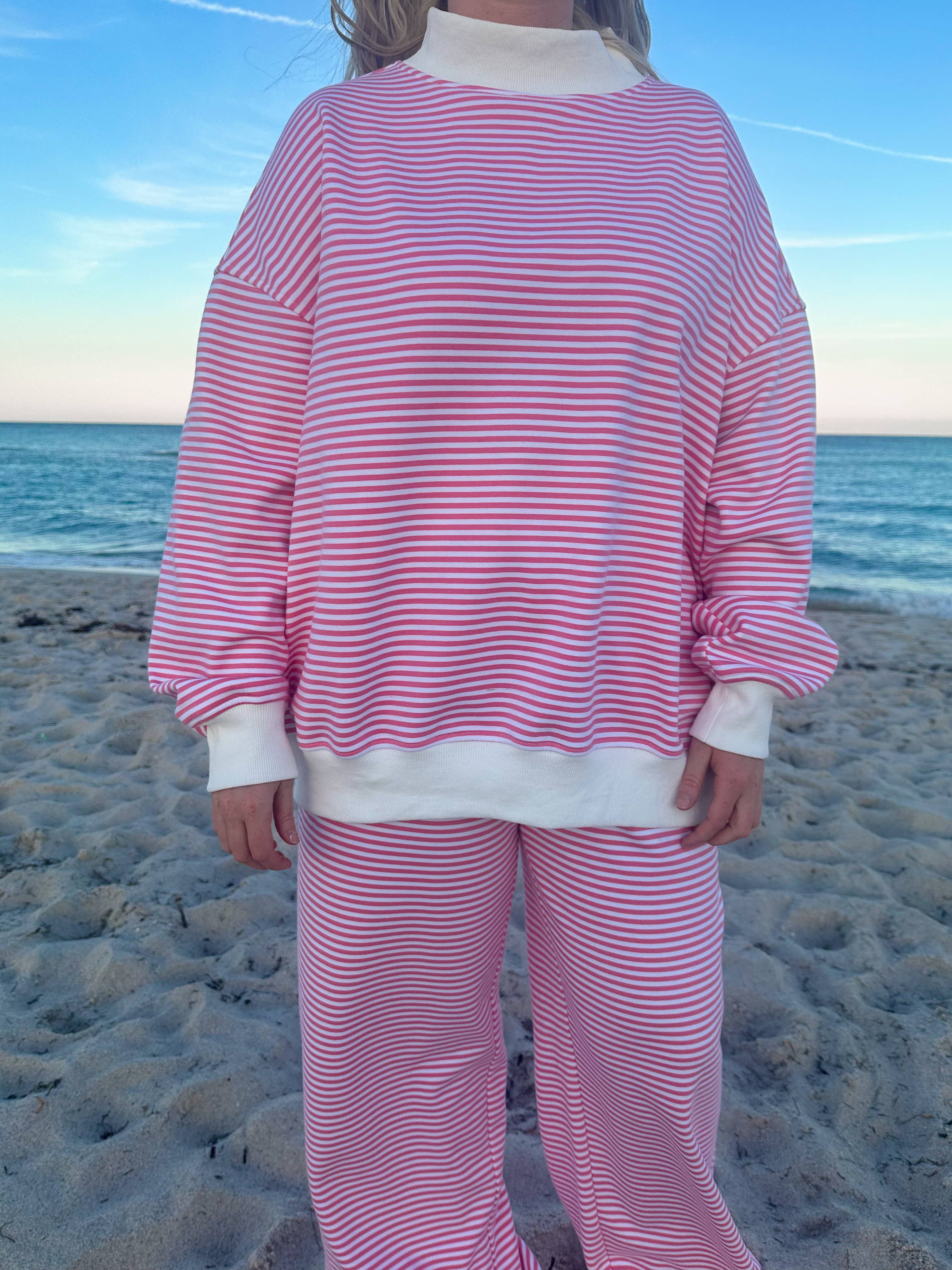Dark Pink and White Big Striped Mockneck Sweatshirt for wholesale on Faire5