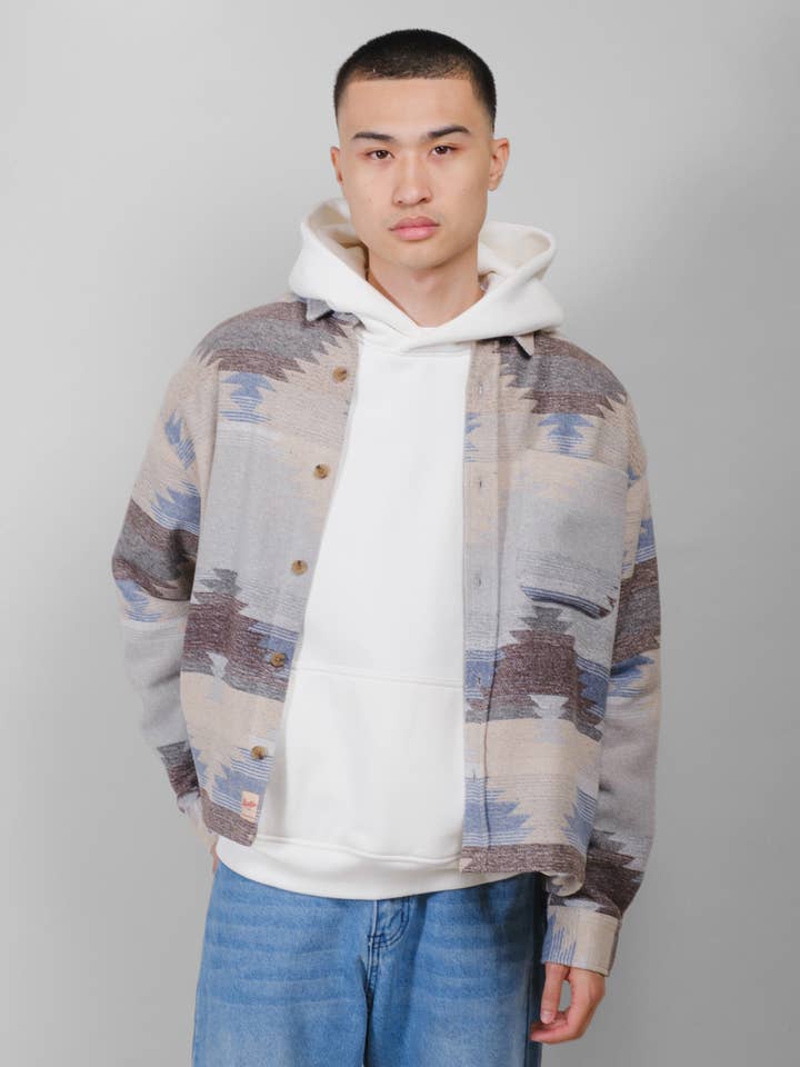 Boxy Exploded Aztec Jacquard Shacket for wholesale by Brooklyn Cloth