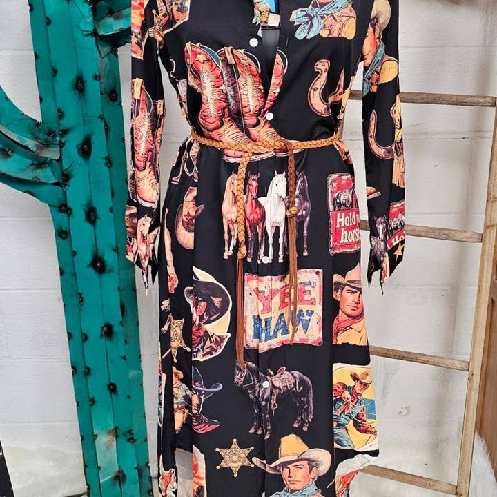 Baha Ranch Vintage Cowboy Collage Western Long Sleeve Dress Duster for wholesale by BAHA RANCH WESTERN WEAR